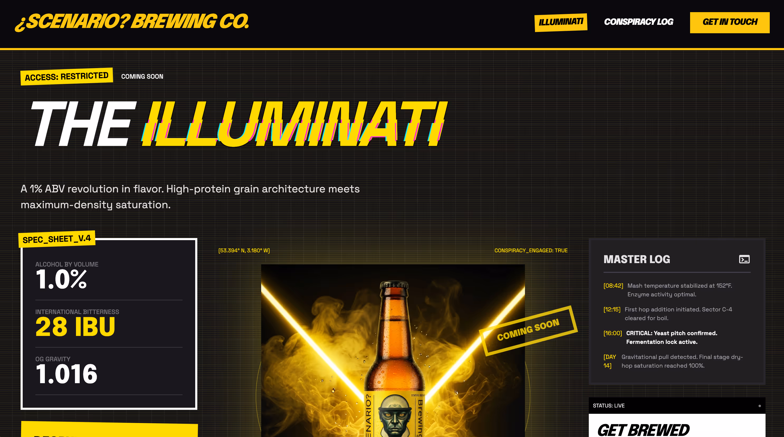 A dark, conspiracy-themed website for Scenario Brewing Co displayed on a laptop and mobile screen.