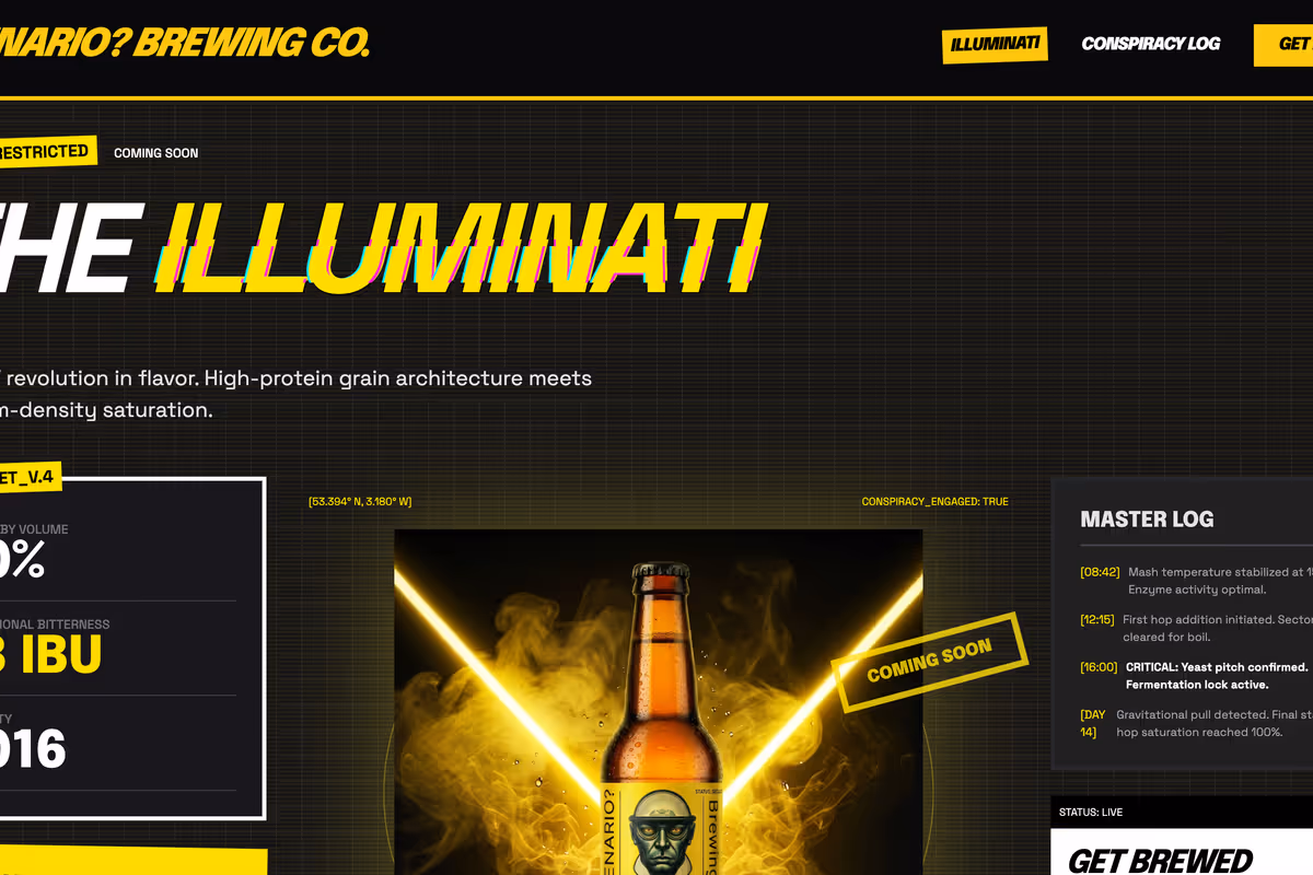 A dark, conspiracy-themed website for Scenario Brewing Co displayed on a laptop and mobile screen.