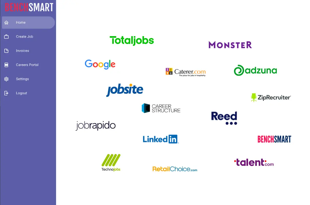 Benchsmart ATS Dashboard showing integrations with major job boards